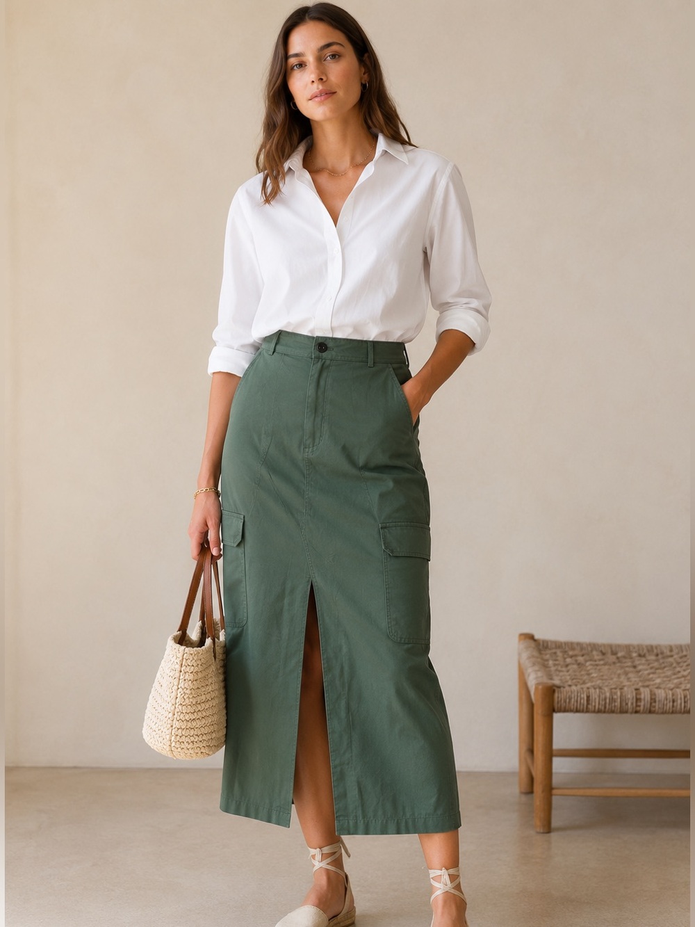 NWT Zara Cargo Utility Midi Skirt Sage Green Front Slit Pockets Size Small